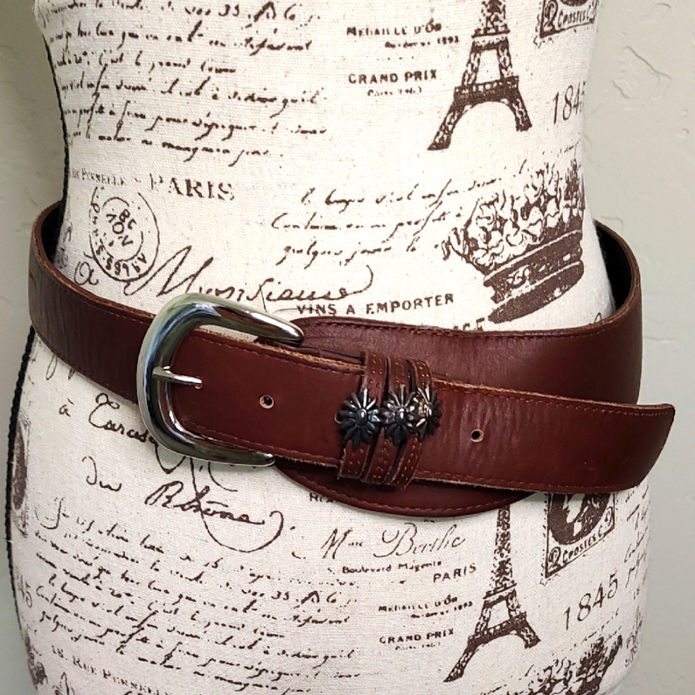 Vintage Leather A.Brod Belt Silver Buckle Floral Embellishments Western SZ:L